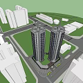 Modern Birds Eye View Planning of High Rise Residential Buildings with Greenery and Roads