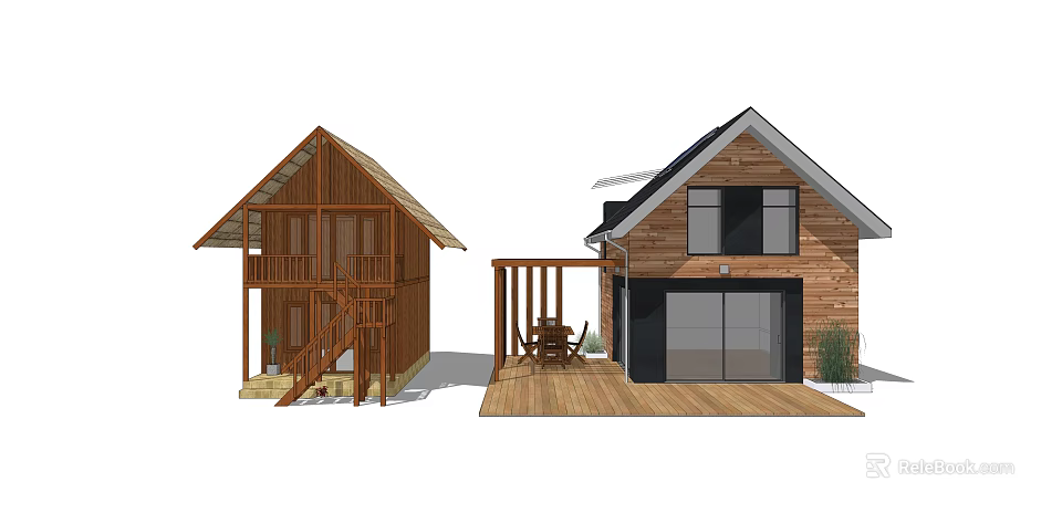 Wooden House Exterior With Balcony Stairs Deck Large Windows And Garage 3d model 