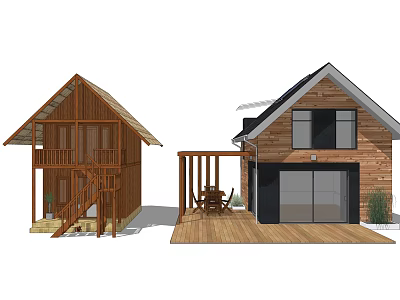 Wooden House Exterior With Balcony Stairs Deck Large Windows And Garage 3d model