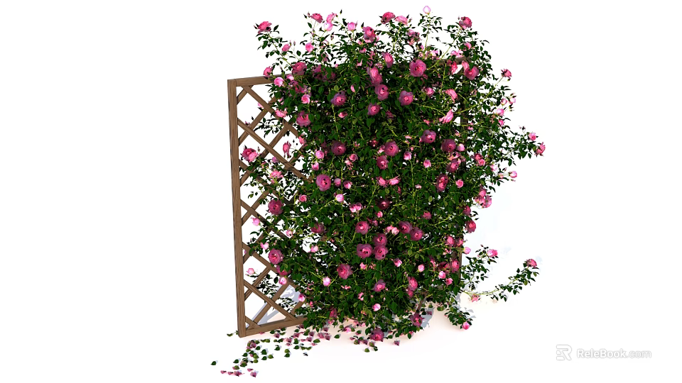 Lush Climbing Flowers With Pink Purple Blooms And Green Leaves On Wooden Trellis 3d model 