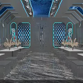 Modern Futuristic KTV Interior With Large Screen Blue Lighting Seating And Tables
