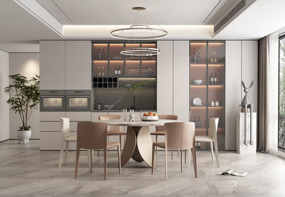 Modern Restaurant Dining Area Design With Round Table Upholstered Chairs Wine Cabinets And Hanging Chandelier 3d model 