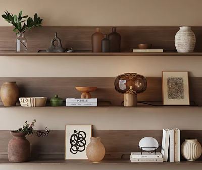 Decorative Ornament Combinations With Vases Lamp Books And Plant On Wooden Shelves 3d model