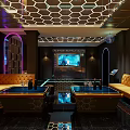Modern KTV Interior Featuring Hexagonal Ceiling Neon Lights Mirrored Flooring And Sofa Area 3d model