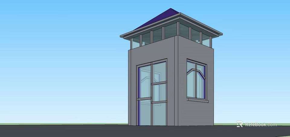 Modern Gray Two Story Building With Blue Roof And Multiple Glass Windows Design 3d model 