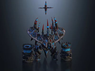 Game Fantasy Creature Character With Spiked Armor Blue Glowing Accents And Flying Drone 3d model