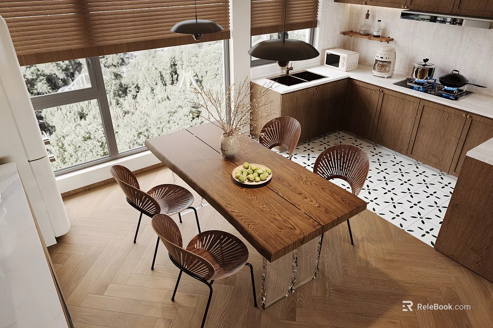 Wooden Dining Table Set With Chairs Fruit Bowl And Vase In Modern Kitchen Interior 3d model 