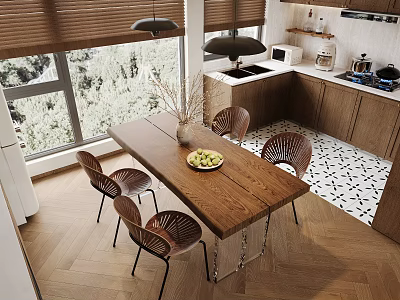 Wooden Dining Table Set With Chairs Fruit Bowl And Vase In Modern Kitchen Interior 3d model