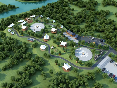 Tensile Membrane Structures in Park Landscape with Water Area Green Trees and Circular Buildings 3d model