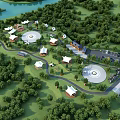 Tensile Membrane Structures in Park Landscape with Water Area Green Trees and Circular Buildings