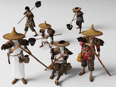 Women In Traditional Straw Hats Wearing Cultural Clothing And Holding Farming Tools 3d model