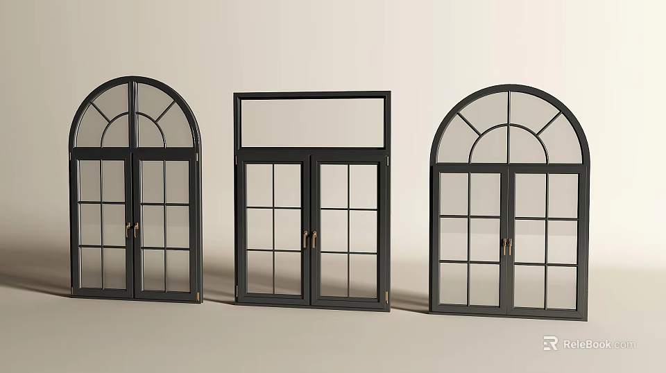 Black Framed Windows In Various Styles With Glass Panels And Handles 3d model 