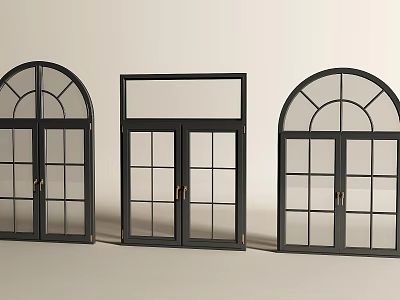 Black Framed Windows In Various Styles With Glass Panels And Handles 3d model