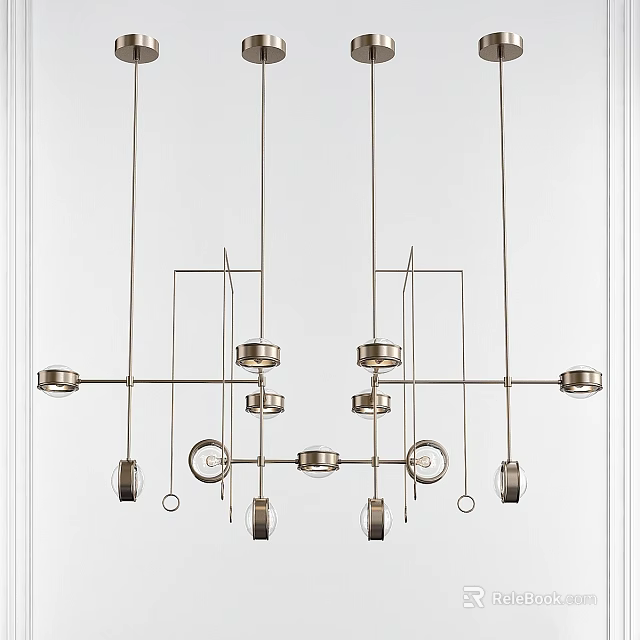Modern Linear Chandelier With Geometric Metal Structure And Circular Hanging Elements 3d model