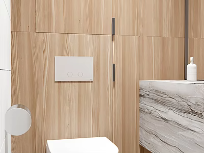 Modern Minimalist Bathroom Interior With Wooden Walls Toilet Marble Countertop 3d model