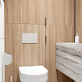 Modern Minimalist Bathroom Interior With Wooden Walls Toilet Marble Countertop