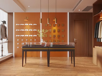 Clothing Store Interior with Orange Walls Hanging Pendant Lights Hanging Clothes Mannequin and Display Counter 3d model