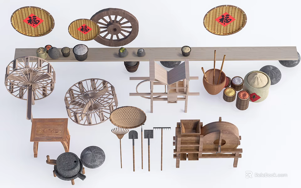 Traditional Garden Decorative Pieces With Bamboo Crafts Farm Tools Wooden Wheel And Fortune Characters 3d model 
