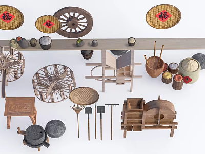 Traditional Garden Decorative Pieces With Bamboo Crafts Farm Tools Wooden Wheel And Fortune Characters 3d model
