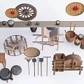 Traditional Garden Decorative Pieces With Bamboo Crafts Farm Tools Wooden Wheel And Fortune Characters