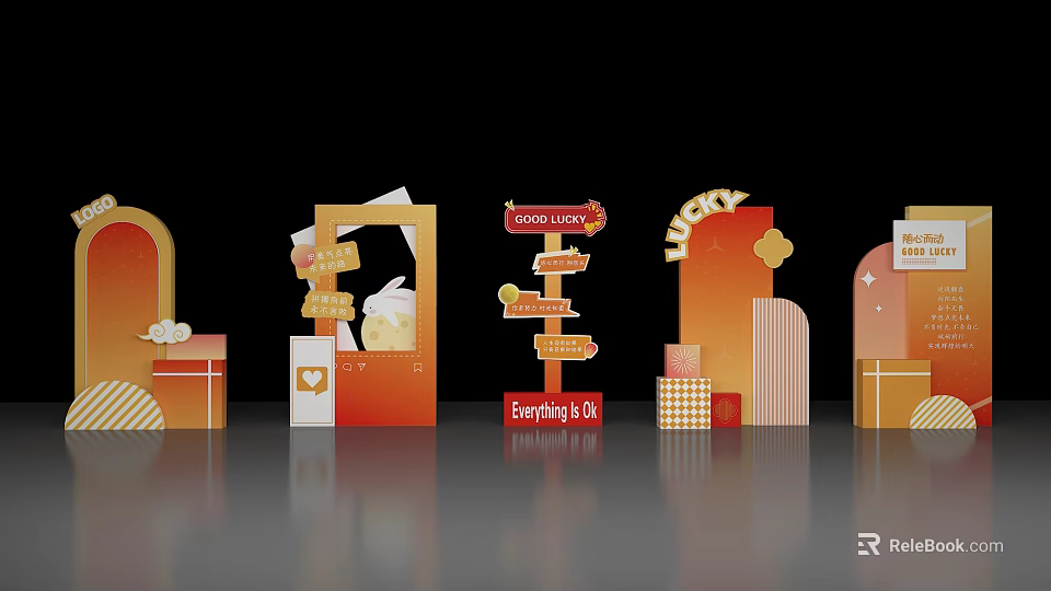 Vibrant Orange Gold Photo Check In Spot With Good Luck Signs And Geometric Decorations 3d model 