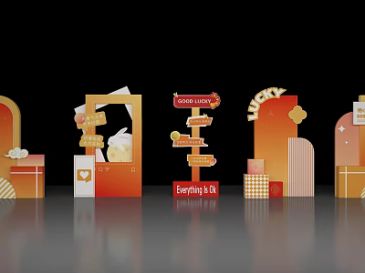 Vibrant Orange Gold Photo Check In Spot With Good Luck Signs And Geometric Decorations 3d model