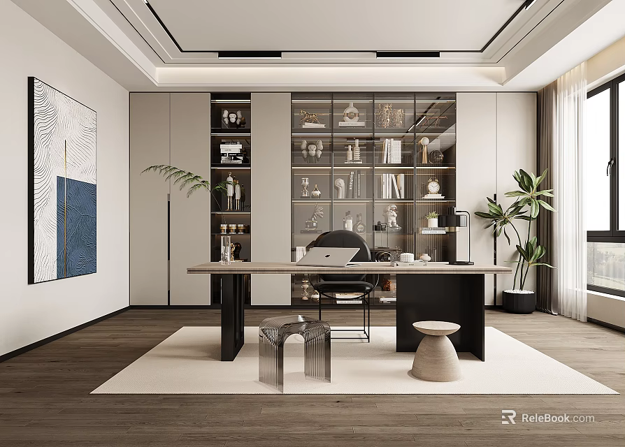 Modern Study Room Interior With Glass Door Bookcase Desk Office Chair And Green Plants 3d model 