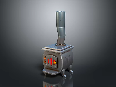 Classic Vintage Metal Household Stove With Tall Chimney And Red Indicators 3d model