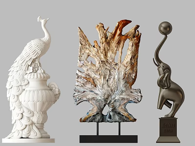 Decorative Ornament Set with Peacock Statue Wooden Tree Root and Elephant Figurine with Ball 3d model