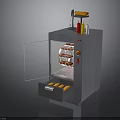 Food Storage Equipment With Open Door Shelves Drawer Orange Items Red Food And Condiment Bottles