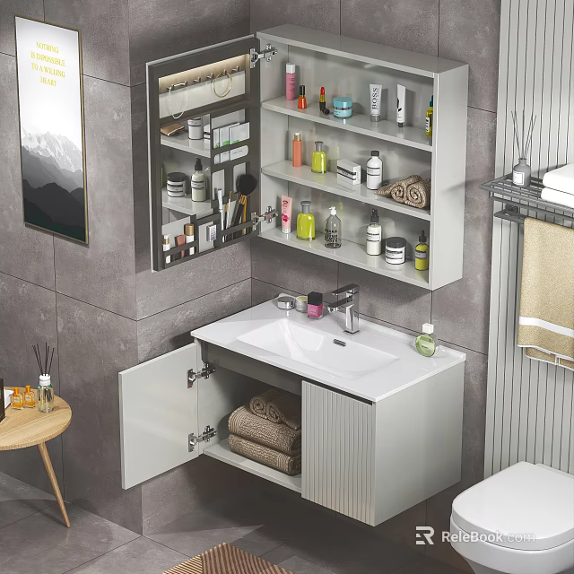 Modern Bathroom Cabinet With Mirror Shelves Towels Toiletries And Open Door Storage 3d model 