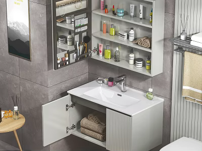 Modern Bathroom Cabinet With Mirror Shelves Towels Toiletries And Open Door Storage 3d model