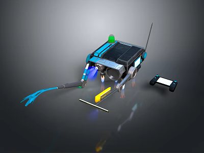 Game Movie Character Robot With Blue Tentacle Appendages Green Lights Black Body And Game Controller 3d model