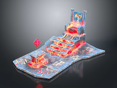 Ancient Temple Structure With Glowing Red Elements Stone Steps Symbolic Crystal And Carved Platform 3d model