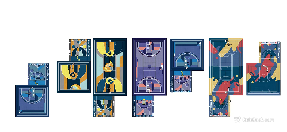 Basketball Court Design Layouts Featuring Multiple Colorful Elements And Various Patterns 3d model