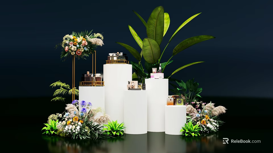 Elegant Modern Display Cabinet Design with White Stands Flower Bouquets Green Plants and Decorative Jars 3d model 