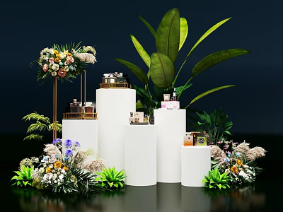 Elegant Modern Display Cabinet Design with White Stands Flower Bouquets Green Plants and Decorative Jars 3d model