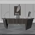 Modern Office Interior With Wooden Desk Executive Chair Computer Monitor And Floor Lamp