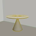 Modern Dining Table With White Round Tabletop And Conical Silver Metal Base In Beige Background