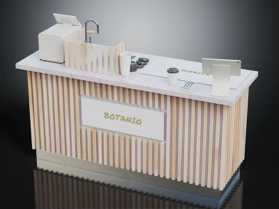 Wooden Striped Design Counter With BOTANIQ Sign Faucet Coffee Machine And Cup 3d model