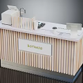 Wooden Striped Design Counter With BOTANIQ Sign Faucet Coffee Machine And Cup