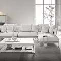 Modern Gray Sectional Sofa with Pillows Coffee Table Large Windows and Potted Plant 3d model