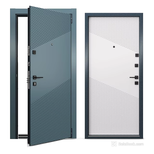 Modern Swing Doors With Dark Green and White Textured Surfaces Black Frames and Handles 3d model 