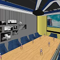 Modern Conference Room Featuring Long Wooden Table Blue Chairs Corkboard Projection Screen And Striped Carpet