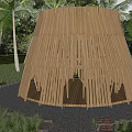 Wooden Circular Landscape Pavilion Surrounded by Palm Trees and Greenery with Gravel Pathway