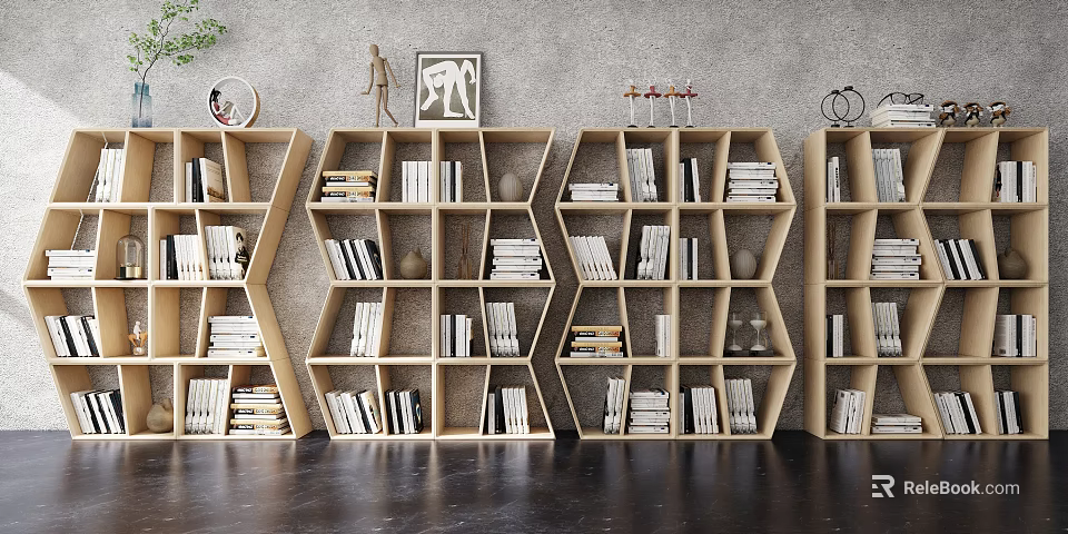 Modern Open Bookcase With Wooden Shelves Holding Books And Decorative Items In Living Room 3d model 