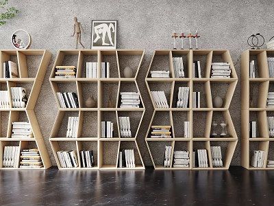 Modern Open Bookcase With Wooden Shelves Holding Books And Decorative Items In Living Room 3d model