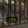 Traditional Wooden Screen With Intricate Lattice Pattern And Tree View Greenery In Interior Space