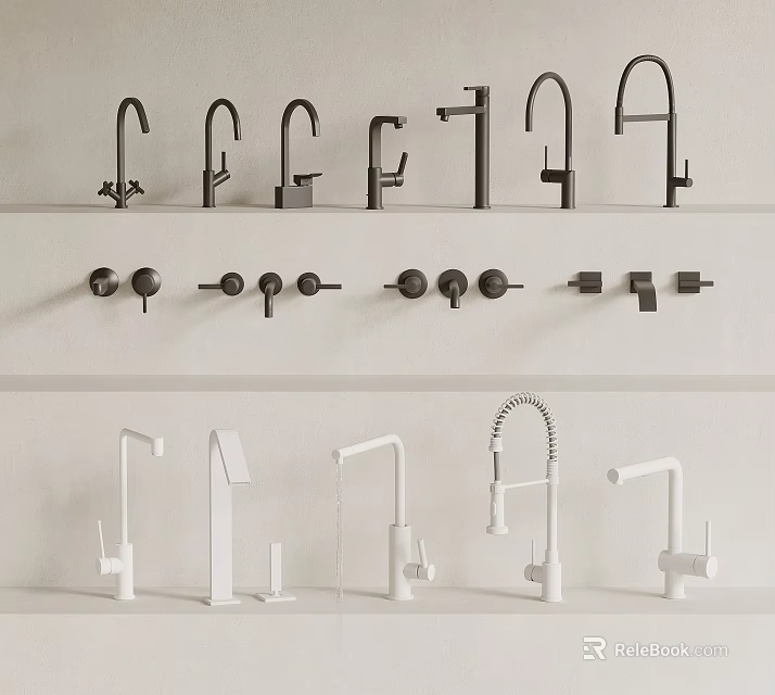 Various Modern Black And White Water Faucet Designs Displayed On Shelves 3d model 