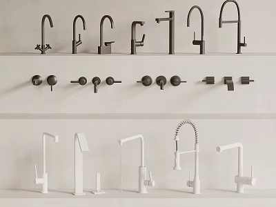 Various Modern Black And White Water Faucet Designs Displayed On Shelves 3d model